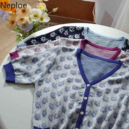 Neploe Knitted Cropped Cardigan Women Vintage Print Short Sleeve V Neck Slim Thin Sweater Summer Fashion Temperament Tops Female 210422