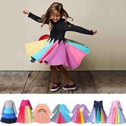 Girls Rainbow Dress Kids Colourful Tutu Infant Long Sleeve Ball Gown Baby Girl Patchwork Fall Sundress Toddler Costumes 18M-5T Q0716