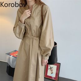 Korobov Korean Vestidos Femme New Arrival Lacing Bow Women Dress Spring Summer Long Sleeve Oversize Female Dresses 210430