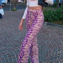 Women Spring Autumn Sexy Hight Waist Animal Pattern Zipper Street Style Flare Pants Patchwork Hit Colour Trouser 210428