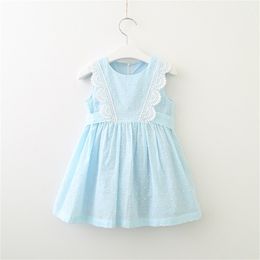 Retail Girls Summer Lace Cotton Dress Children Clothes Light Blue Sleeveless Causal Drawstring Dresses 2-7Y LT010 210610