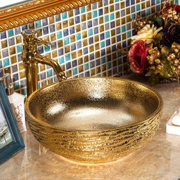 Europe Vintage Style Ceramic Art Basin Sinks Counter Top Wash Basin Bathroom Vessel Sinks vanities china washing basin golden