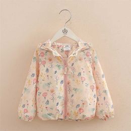 Fashion Autumn Spring 2 3 4-12 Years Long Sleeve Outwear Cartoon Flower Print Sweet Thin Hooded Jacket For Baby Kids Girls 211011