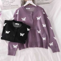 Autumn Women Sweater Sweet Gentle Loose O Neck Long Sleeve Black Butterfly Cardigans Coat Knitted Tops Pull Femme Preppy 210610