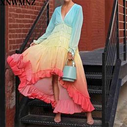 Summer Bohemia Beach Dress Women Casual Gradient Color Loose es Long Sleeve V-Neck Single-Row Button Ruffled 210520