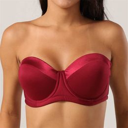 Sexy Strapless Bra Plus Size Non-Slip Push Up Invisible Bras Steel Ring Gathered Big Cup E Tube Tops Underwear Brasier De Mujer 210623