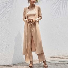 Autumn Women Solid Vest & Cardican & Long Pants Sets Elegant Lady Travel Leisure 3 Pieces Suits Loose Femme Wide Leg Pants Sets 211109