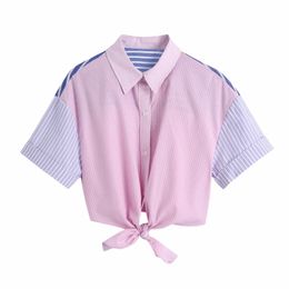 Summer Women Hem Knot Striped Splicing Blouse Crop Tops Female Short Sleeve Shirt Casual Lady Loose Blusas S8832 210430