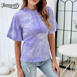 Mock Neck Tie Dye Ruched Tee Women Fashion Summer Short Sleeve Female Tops Tees O-Neck Casual Slim Fit T-Shirt 210510