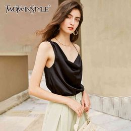 Elegant Asymmetrical Women Vest V Neck Sleeveless Spaghetti Strap Loose Ruched Vests For Female Fashion clothes 210524