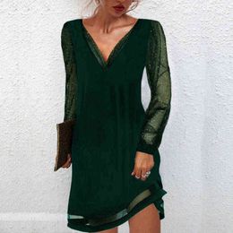 Elegant Mesh Long Sleeve Women Party Dress Spring New Casual Pleated Office Solid Dress Autumn Sexy Deep V-Neck Lace Mini Dress Y1204