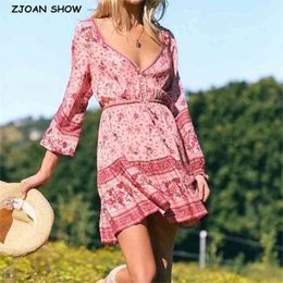 Bohemian Open Buttons Floral Print Long Sleeve Short Dress Hippie Woman Adjustable Lacing up Waist Holiday Dresses BOHO 3 Colors 210429