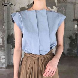 Work Style Ol Simple Pleat Blouse Women O Neck Short Sleeve Black Blusas Summer All Match Ladies Top Femme 14157 210521