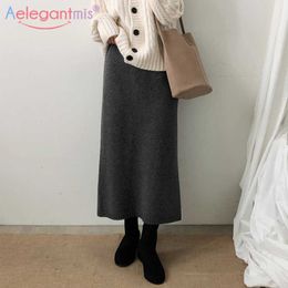 Aelegantmis High Waist Korean Knitted Skirt Women Loose Thick Long Straight Solid Casual Mid Calf Black Chic Female 210607