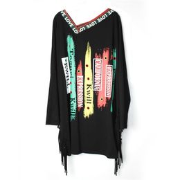 Punk Rock spring Autumn new fashion print full sleevee cotton tassel Plus size T-shirt women clothing tops 210324