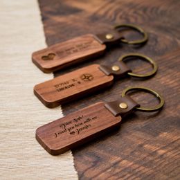 Luxury Father's Day Gift Personalized Souvenir Straps Leather Keychain Walnut Wood Laser Engraving Custom Keychains Car Key Ring