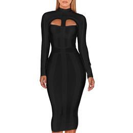 Ocstrade Women Black Bandage Dress Bodycon Arrivals Sexy Cut Out High Neck Long Sleeve Party Rayon Midi 210527