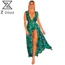 Women Dress V-neck Hollow Out Fake Two Print Beach Dresses Woman Plus Size Sexy Long Flowers Bohemian For 210524