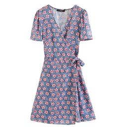 PERHAPS U Pink Blue V Neck Short Sleeve Sash Wrap Dress Mini Short Dress Summer Empire Flower Floral Print D0668 210529