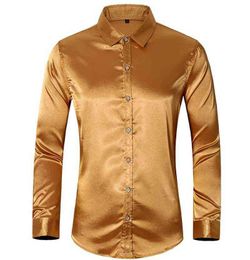 Plus Size 7XL Men's Casual Silk Shirts Solid Wedding Dress Shirts for Male H1210