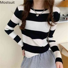 Color-blocked Striped Women Sweater Pullover Full Sleeve O-neck Fashion Female Jumpers Tops Femme 210513