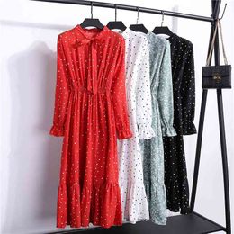 Spring Women's Dress Long Sleeve Office Vintage Woman Vestidos Casual Red Floral Autumn Shirt Chiffon Midi Dresses For Women 210322