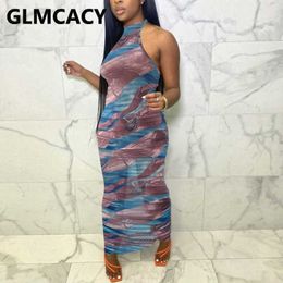 Sleeveless Mesh Abstract Printed Maxi Dress 210702