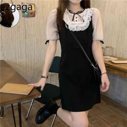 Ezgaga Patchwork Dress Women Bow Lae-up Short Sleeve Ruffles Summer New Korean High Waist A-Line Elegant Dresses Vestidos 210430