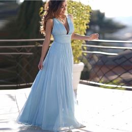 Fashion Light Blue Chiffon Evening Dress Sexy V-neck High Waist Long A-line Prom Gown for Formal Occasions Custom Made