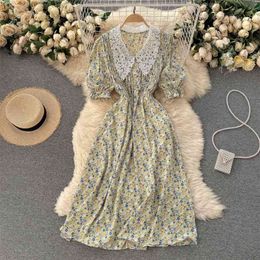 Women's Fashion Summer Sweet Hollow Lace Lapel Splicing Floral Print A-line Dress Casual Vestidos S186 210527