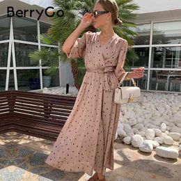 BerryGo Polka dot elegant women dress Long sleeve vintage green party dress V-neck sash streetwear wrap vestido work wear 210325