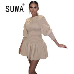 Women Dresses O-Neck Puff Sleeve Skinny Pleated Patchwork Draped Ruffles Stacked Mini Dress For Nightclub Autumn French Style 210525