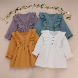 Spring Kids Baby Girl Dress Solid Long Sleeve Ruffles Cotton Linen Party Dress Cute Buttons Casual Dress for Child Girls 1-6Y Q0716