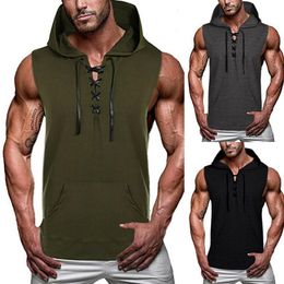 Drawstring V Neck Tank Tops Mens Hooded Vest Black Casual Hoodies Solid Colour Sleeveless Male Pocket Top