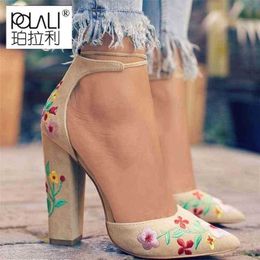 Embroidery Flower Women High Heels shoes Women Platform Pointed Toe Square heel Pumps Sexy Party dress shoes mujer plus size 43 210329