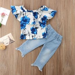 Kids Baby Girls Clothes Set 2021 Summer Off Shoulder Short Sleeve Floral Tops +Denim Pants Jeans Fashion Children Outfits