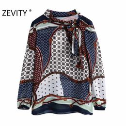 Zevity Women Vintage Geometric Patchwork Print Chain Blouse Retro Bow Tied Casual Chiffon Shirts Chic Femme Blusas Tops LS7294 210603