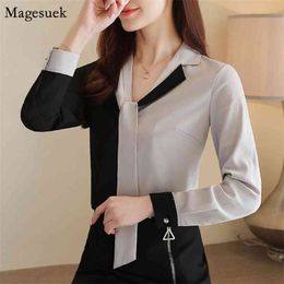 Korean Fashion Women Blouses Spring V-neck Elegant Shirt Tops Spliced Bow Long Sleeve Ladies Top Chiffon Blouse Blusas 8472 50 210512