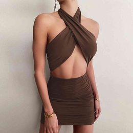 Summer Fashion Halter Sleeveless Mini Dress For Women Sexy Hollow Out Elegant Celebrity Evening Club Party 210423