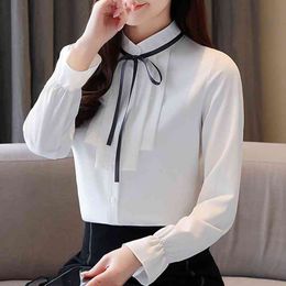 Fashion Woman Blouses Long Sleeve Blouse Women Stand Collar Chiffon White Blouse Women Tops Womens Tops And Blouses C487 210426