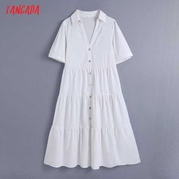 Tangada Women Summer White Elegant Midi Dress Vintage Short Sleeve Female Office Lady Sundress BE733 210609