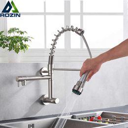 Brushed Spring Pull Down Kitchen Faucet Cold Water Dual Spouts Handheld Shower Kitchen Taps Wall Mounted Kitchen Washing Crane 210724