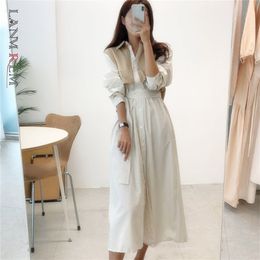 Single Breasted Long Sleeve Shirt Dress Spring Summer Patchwork Striped Large Size Dresses With Bandage Female 2D1747 210526