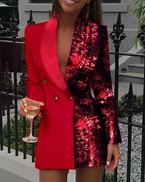 2020 Women Office DrColorblock Patchwork Long Sleeve Blazer DrV Neck Sequins Double Breasted Blazer Dress X0721