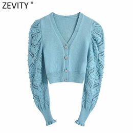 Zevity Women Fashion V Neck Puff Sleeve Hollow Out Crochet Short Knitted Sweater Female Chic Diamond Button Cardigans Tops SW802 210603