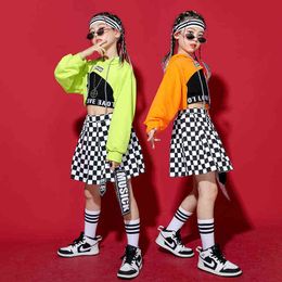 Girls Hip Hop Hoodies Jazz Plaid Skirt Kids Street Dance Orange Crop Top Clothing Sets Children Sport Outfit Teen Stage Costumes
