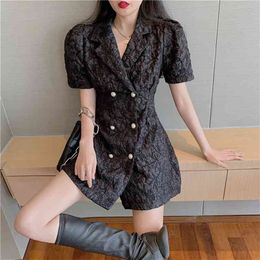 French Double-breasted Suits Dress Women White Temperament Bubble Sleeve Pleated Above Knee Short Vestido Black Plus Size 210601