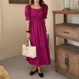 Summer Dress Long Women Solid Vintage French Square Collar Loose Elegant Prom Party Gentle Vestidos 210525