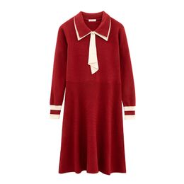 Women Black Khaki Red Knitted Long Sleeve A Line Elegant Mini Dress Female Tie Solid Turn Down Collar D3008 210514