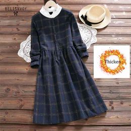 Thicken Korean Version Colorful Plaid Lace Stitching Stand Collar Long Sleeve Mori Girl Dress Female Autumn Wemen Clothing 210520